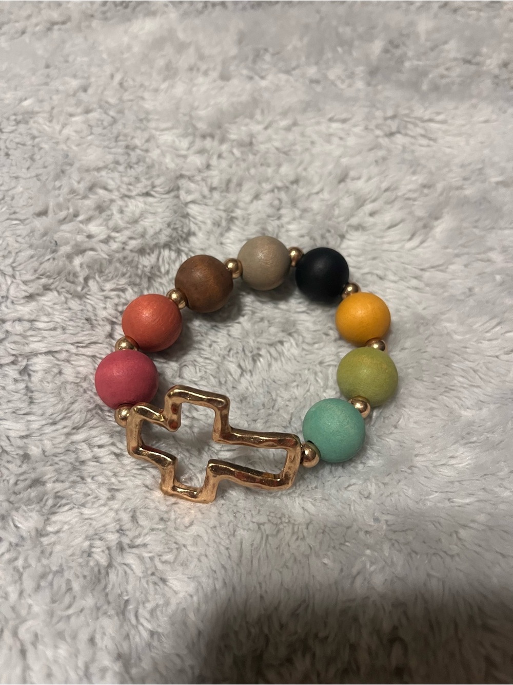 Multicolor Beaded Stretch Bracelet with Gold Cross
